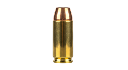A single brass bullet casing with a copper projectile tip centered on a black background with studio lighting highlighting metallic textures