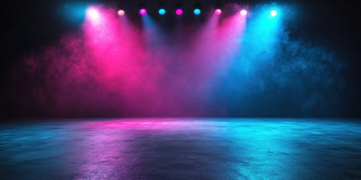 A dimly lit stage featuring vibrant purple and blue lights creating a dramatic atmosphere, perfect for performances or events.