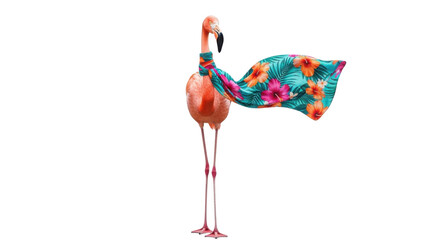 Pink flamingo with floral scarf blowing in the wind isolated PNG with Transparent Background