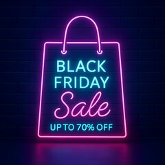 Obraz premium Black Friday Sale Neon Shopping Bag Sign with Up To 70 Percent Off on Dark Brick Wall