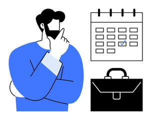 Thoughtful man holding chin near a calendar with a marked date and briefcase. Ideal for time management, task organization, planning, appointments, deadlines, productivity, goal setting. Simple flat