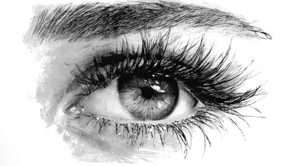 Obraz premium Detailed grayscale drawing of a human eye with long lashes and brow.