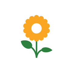 Simple stylized orange sunflower with green leaves and stem on white background