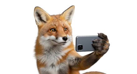 Red fox taking a selfie with a smartphone isolated PNG with Transparent Background