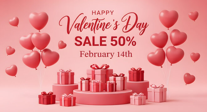 Happy valentines day sale 50 percent off february fourteenth with pink hearts and gift boxes