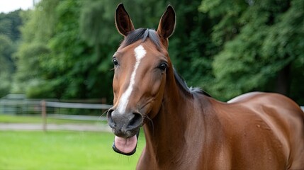 Horse showing joy with open mouth and tongue out, enjoying the lush wetland environment surrounded by green grass