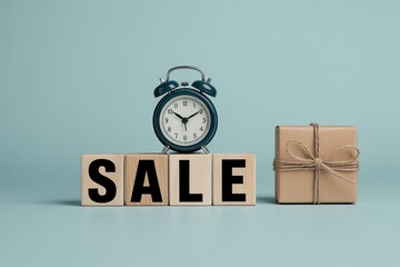 Stylish 2026 sale banner with blue alarm clock and gift box for new year shopping and limited offer campaign