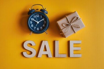 Flat lay 2026 sale concept with blue clock, gift box, and SALE letters for limited time holiday offer