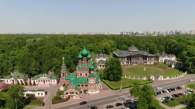 Forward drone shot over Khram Zhivonachal'noy Troitsy V Ostankine