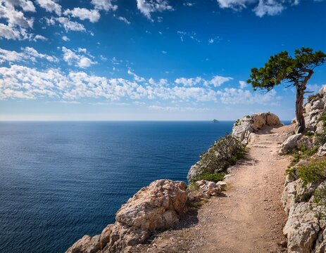 a rocky trail leads to a dramatic cliff overlooking the ocean with a lone tree standing against a bright blue sky dotted with clouds
