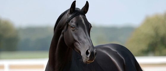Obraz premium Close-up portrait of a white American paint horse in a serene farm setting against a clear blue sky