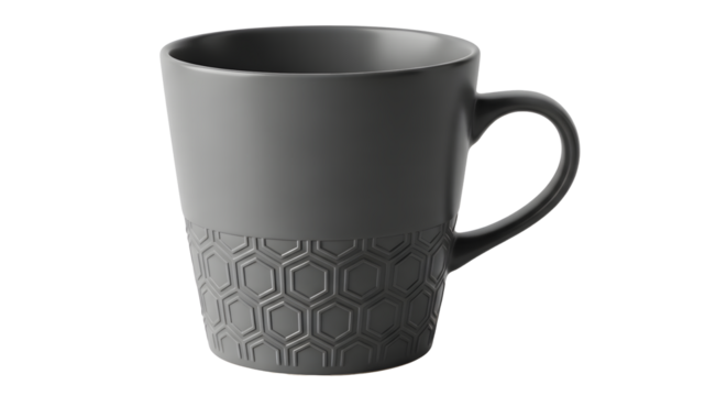 Modern gray ceramic mug with unique hexagonal pattern design isolated