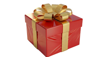 Red gift box with gold ribbon and bow, isolated on white background