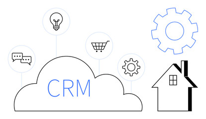 CRM cloud surrounded by a chat bubble, light bulb, shopping cart, gear, and house. Ideal for customer management, technology, communication innovation e-commerce automation home systems. A simple