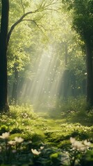 Obraz premium Sunbeams illuminate a lush green forest path with wildflowers woods nature photo