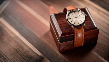 elegant wristwatch with brown leather strap resting on wooden box