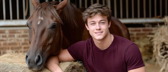 Young farmer poses confidently with his horse in front of hay bales on a sunny farm background, showcasing rural lifestyle and bond with animals