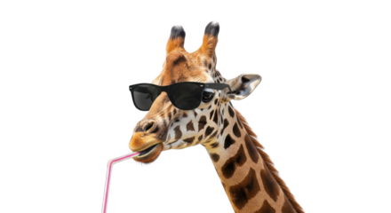 Giraffe head with sunglasses drinking with a straw isolated PNG with Transparent Background