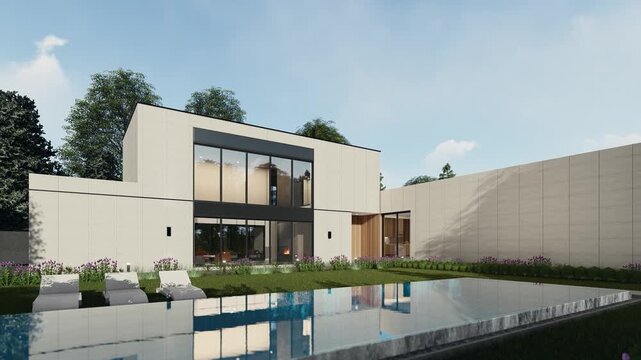 4K 3D Rendering Animation of Modern House Exterior with Swimming Pool, Daytime