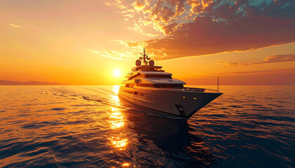 A luxurious yacht ship floating gracefully on calm ocean waters during golden sunset background