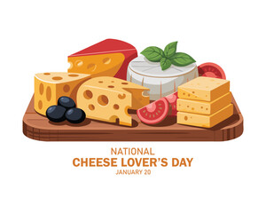 National Cheese Lover&rsquo;s Day poster vector illustration. Various types of cheese on a wooden cutting board icon vector. Cheese platter with camembert and more. January 20. 