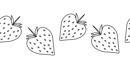 Strawberries Valentine's Day seamless border horizontal. Vector graphic line black and white illustration. For poster, invitation, backdrop, ad, sale promotion, print for t-shirt