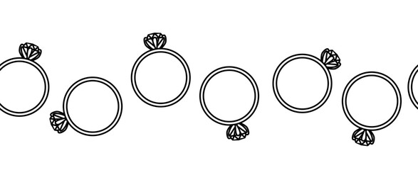 Circular wreath of ring with diamond Valentine's Day seamless border horizontal. Vector graphic line black and white illustration. For poster, flyer, banner, invitation, social media, party or sale