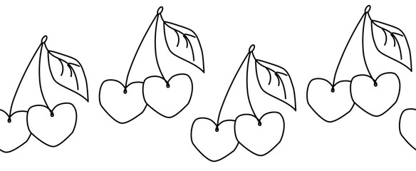 Cherry wreath Valentine's Day seamless border horizontal. Vector graphic line black and white illustration. For poster, flyer, banner, invitation, social media, party or sale