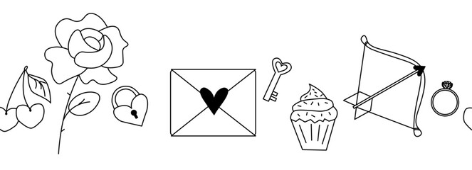 Valentine's Day seamless border horizontal. Vector graphic line black and white illustration. Envelope, rose, ring, cupcake, cherry Banner, poster, wrapping paper, sticker, print, modern textile