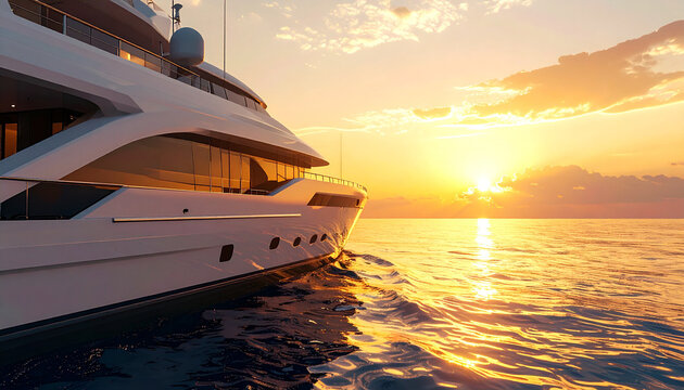 A luxurious yacht ship floating gracefully on calm ocean waters during golden sunset background - Powered by Adobe