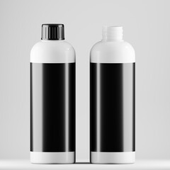 Two White Plastic Bottle Mockups with Black Labels and Screw Caps