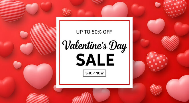 Valentine s day sale announcement with up to fifty percent off surrounded by heart decorations