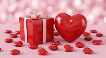 Festive red gift box with a large heart shaped candy and scattered heart candies for valentines day celebration