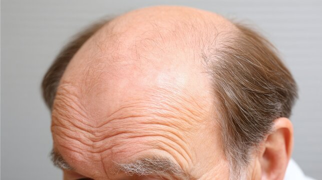 Close-up view of male pattern baldness highlighting hair loss and skin concerns for men's health care
