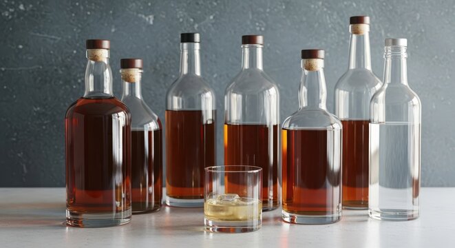 Collection of glass bottles filled with amber colored whiskey and a single glass with a shot of liquor