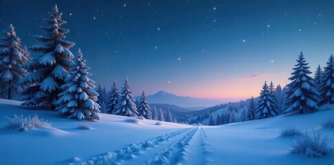 Snow-covered landscape on a serene winter night with twinkling stars and frosted trees, serene, cold