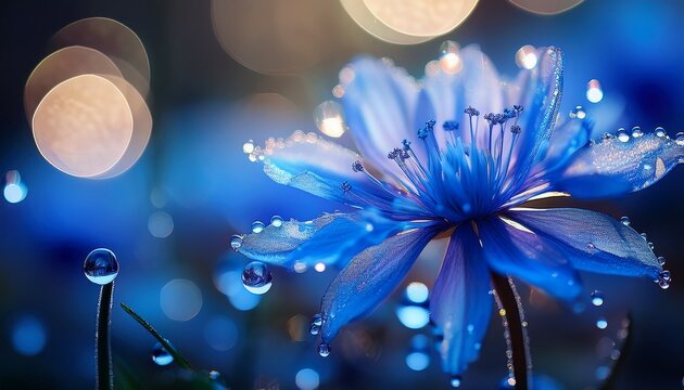 surreal closeup of an ethereal blue flower with gossamer petals dreamy bokeh background with soft focus dewdrops creating an otherworldly botanical fantasy