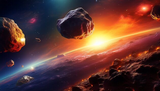 two asteroids approach a planet bathed in vibrant light from a star cosmic bodies in space with a fiery glow