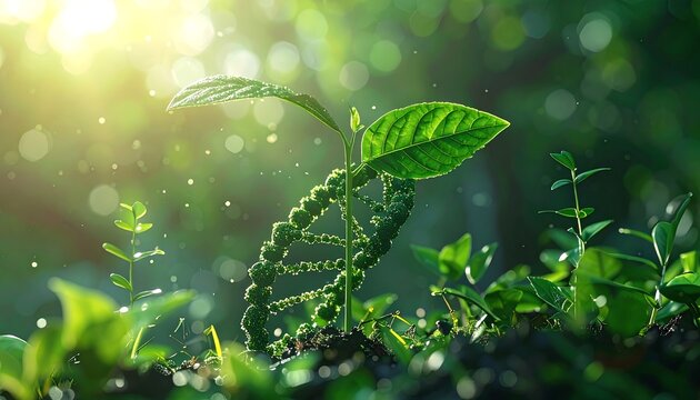 A plant sprout emerging from a DNA double helix, light shines