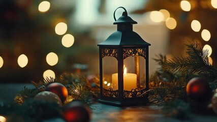 Christmas lantern with lit candle - Powered by Adobe