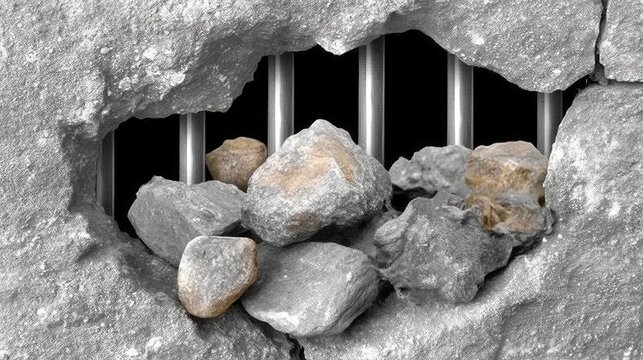 Berlin Wall section reveals prison cell bars, showcasing contrast between freedom and confinement in a raw black-and-white scene