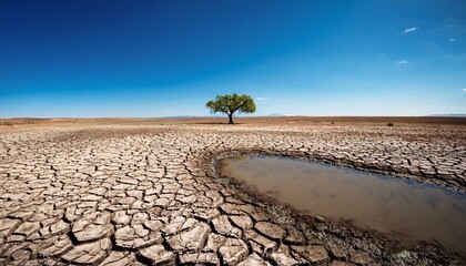 a dry landscape with cracked earth and a small puddle of water a solitary tree stands in the background under a clear blue sky