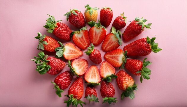 vibrant flat lay of assorted strawberries in circular pattern on composition