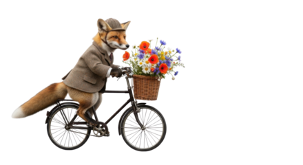 Fox with tweed suit and hat riding a bicycle with flowers isolated PNG with Transparent Background