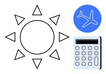 Sun with triangular rays, airplane in blue circle, and calculator representing travel, budgeting, and vacation planning. Ideal for tourism, finances, preparation, decisions savings travel tips