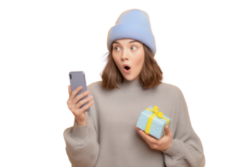 Woman gasps at her phone, isolated on white background