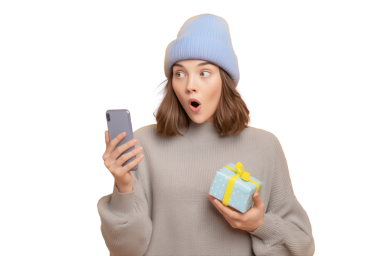 Woman gasps at her phone, isolated on white background