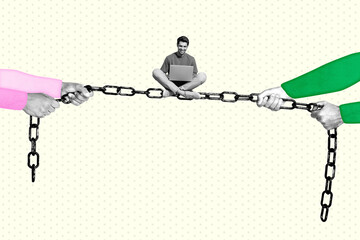 3d banner image pop contemporary photo collage of happy businessman freelancer surf laptop hands pull chain imprisonment