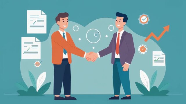 Two businessmen shaking hands to finalize a business deal with documents and growth charts in the background