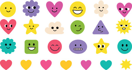 Cute Colorful Emoji Shapes with Hearts, Stars, Clouds, Circles, Squares and Happy Face Characters